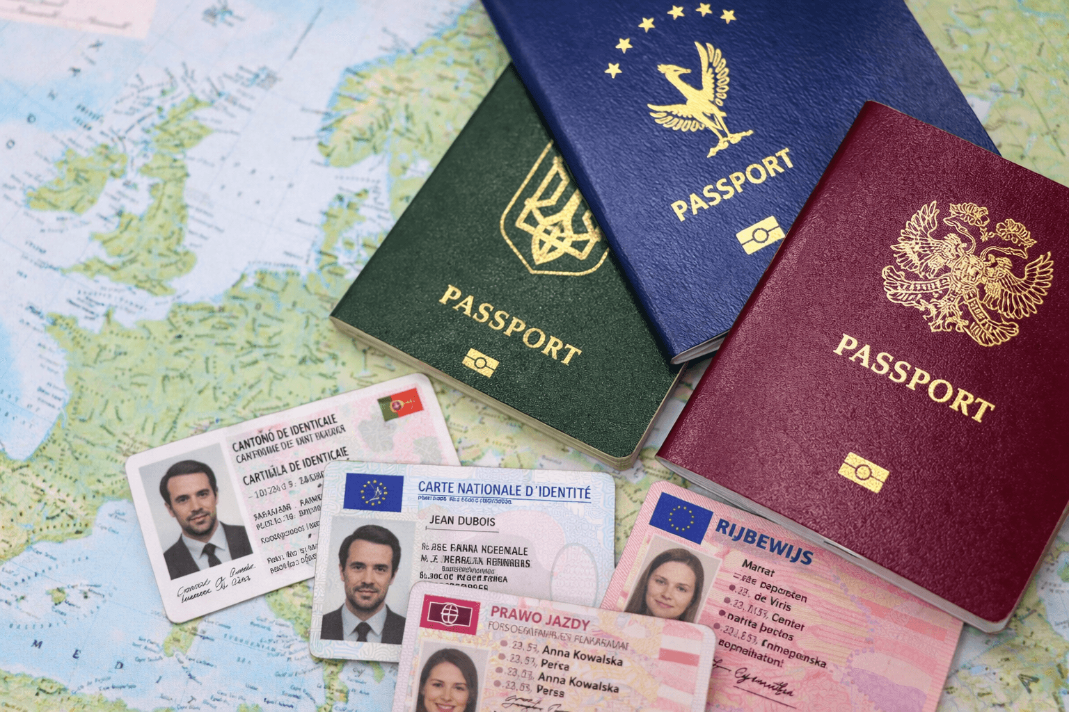Multiple passports and ID cards spread on a world map